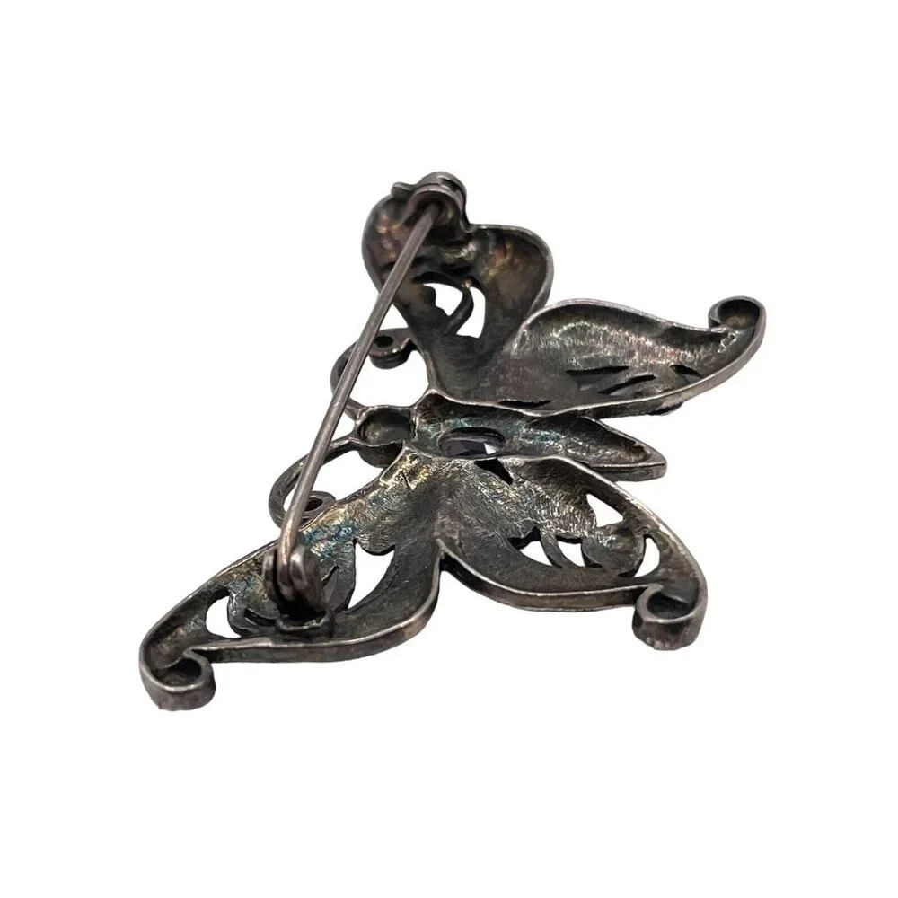 Sterling Silver 925 Faceted Amethyst Marcasite Enameled Butterfly Brooch Pin VTG